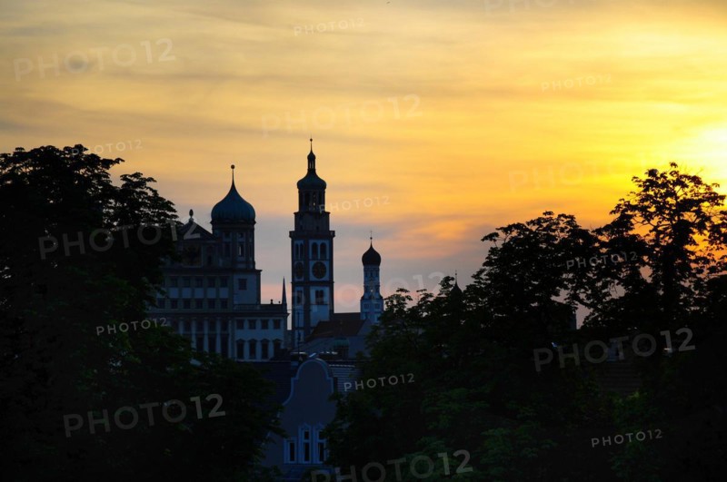 View of Augsburg City Hall with Perlachturm at sunset