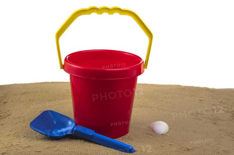 Red bucket and blue spade