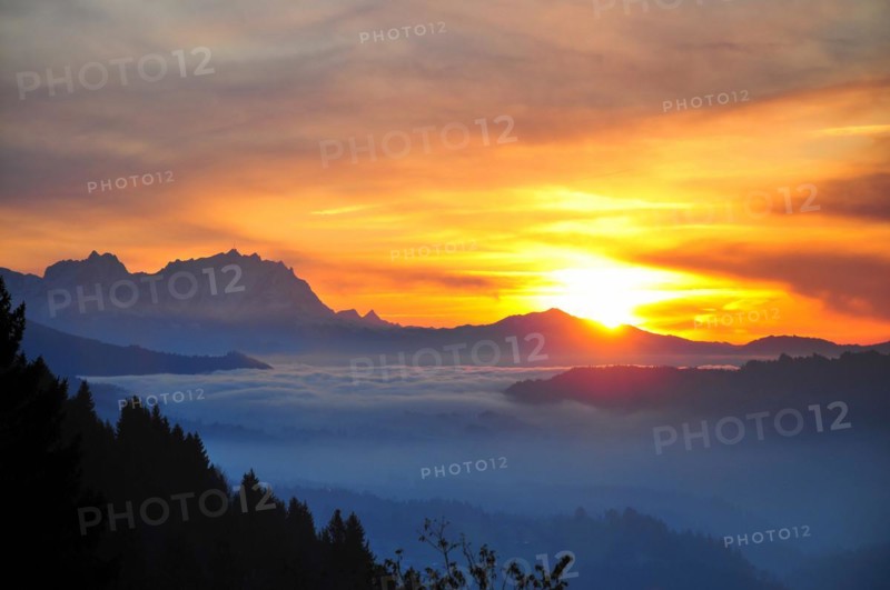 View from the high plateau of Hagspiel in the Allgaeu near Oberstaufen to the massif of the Saentis