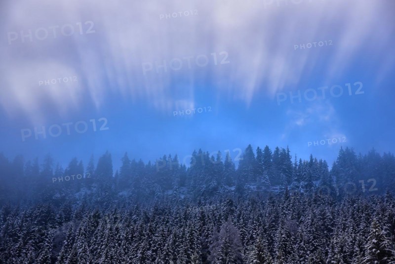 The sun breaks through the high fog at the Riedberg Pass near Obermaiselstein in Allgaeu