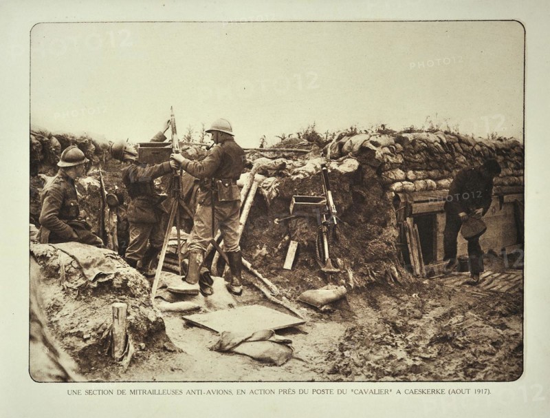 Soldiers in trench armed with anti-aircraft guns at Kaaskerke in Flanders during the First World War