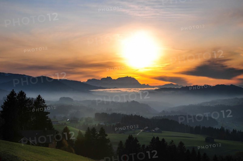 View from the high plateau of Hagspiel in the Allgaeu near Oberstaufen to the massif of the Saentis
