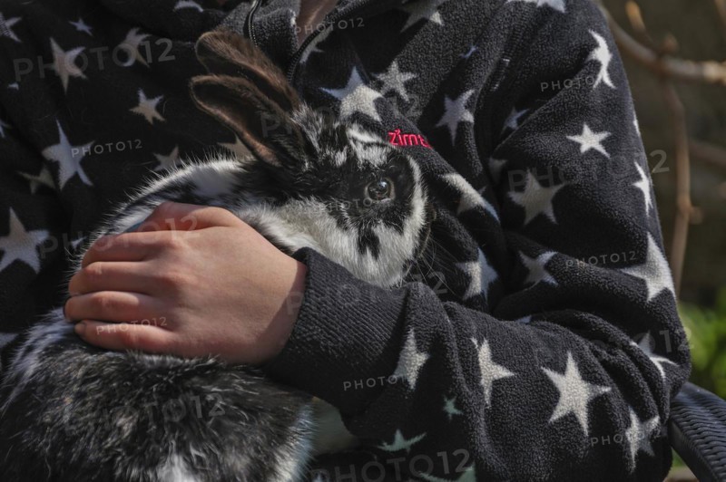 Child's hand holding black and white hare on black and white jacket
