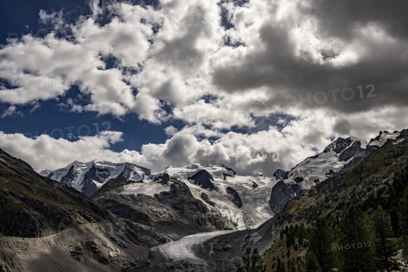 Morteratsch Glacier with Bernina Group and Cloudy Sky