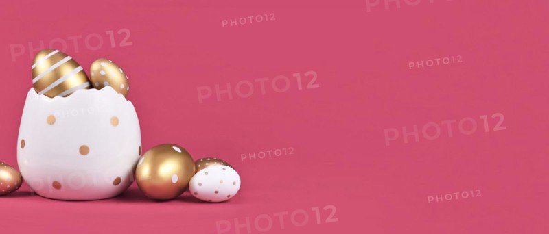 Banner with golden and white easter eggs on pink background with copy space
