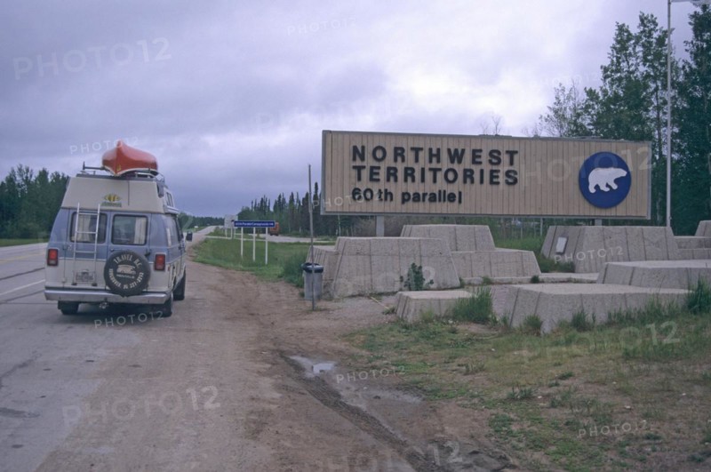 Motorhome at the notice to enter the Northwest Territory at the sixtieth parallel