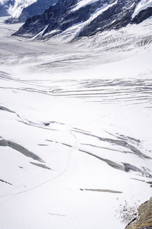 Alpine glacier hikers hike through the snow and ice