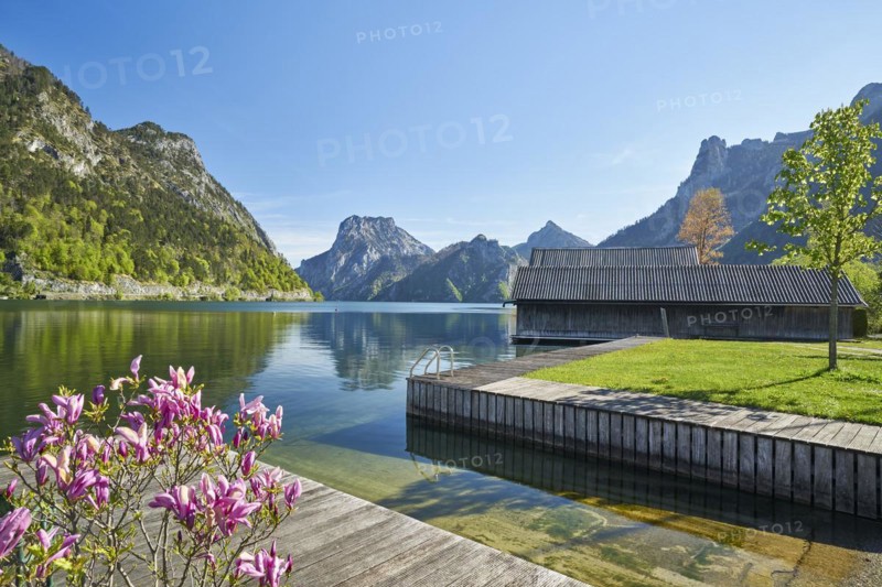Boathouse on the lake with magnolias