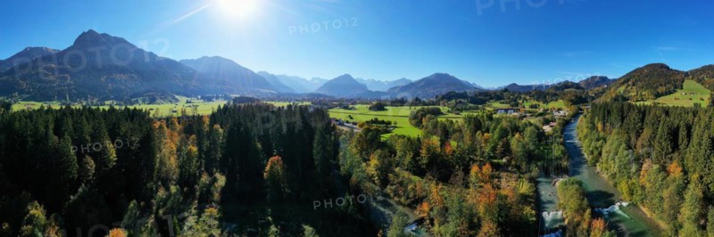 Aerial view of the source of the Iller near Oberstdorf in summer