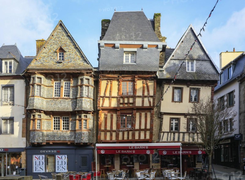 Half-timbered houses clad in slate on the Place du General Leclerc