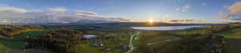 Panorama aerial view at sunset with Lake Sempach