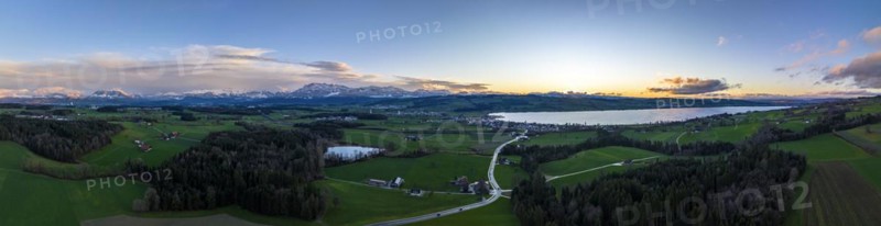 Panorama aerial view at sunset with Lake Sempach