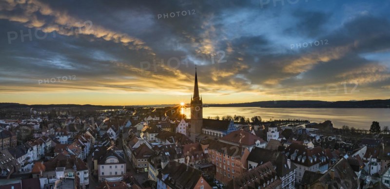 Aerial view of the town of Radolfzell on Lake Constance with the Radolfzell Minster at sunrise