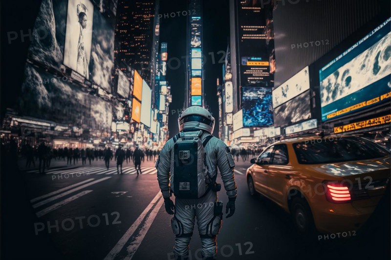 Photography astronaut in skyscraper city