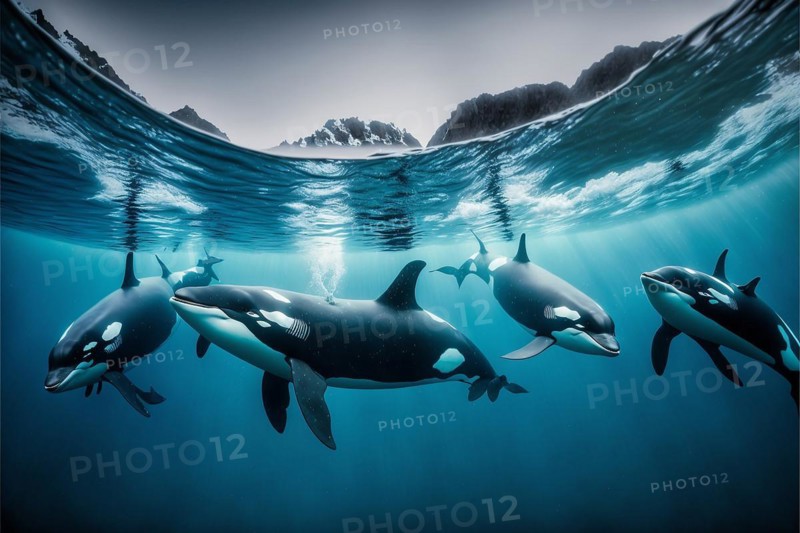 Photography group of orcas swimming in the ocean