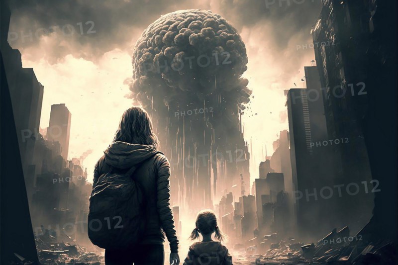 Skyscraper city in the apocalypse with a mother with daughter
