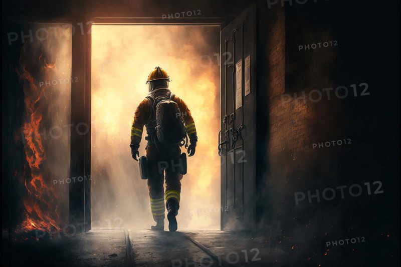 Firefighter entering a building with fire