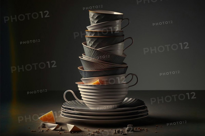 Studio shot of stack of plates and coffee cups