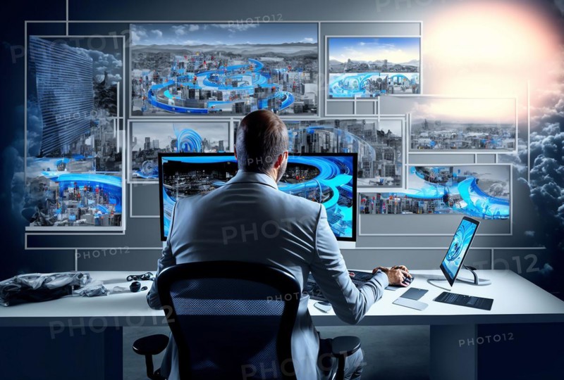 Businessman working on digital display at office