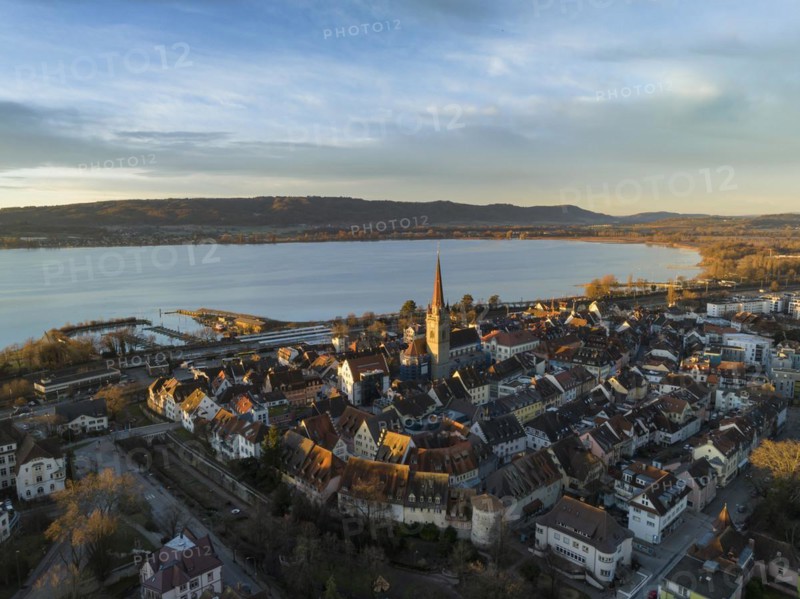 Aerial view of the town of Radolfzell on Lake Constance with the Radolfzell Minster at sunrise