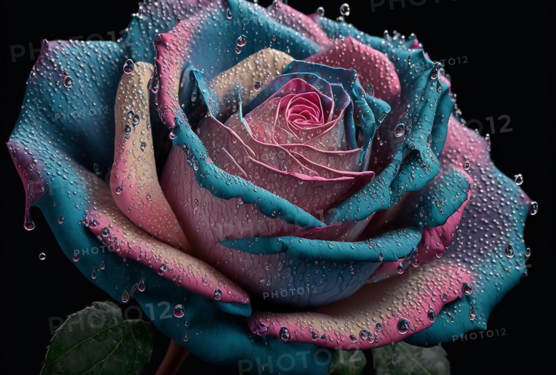 Head of blue and pink rose covered in raindrops