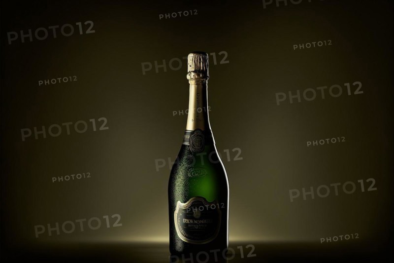 Studio shot of chilled bottle of champagne