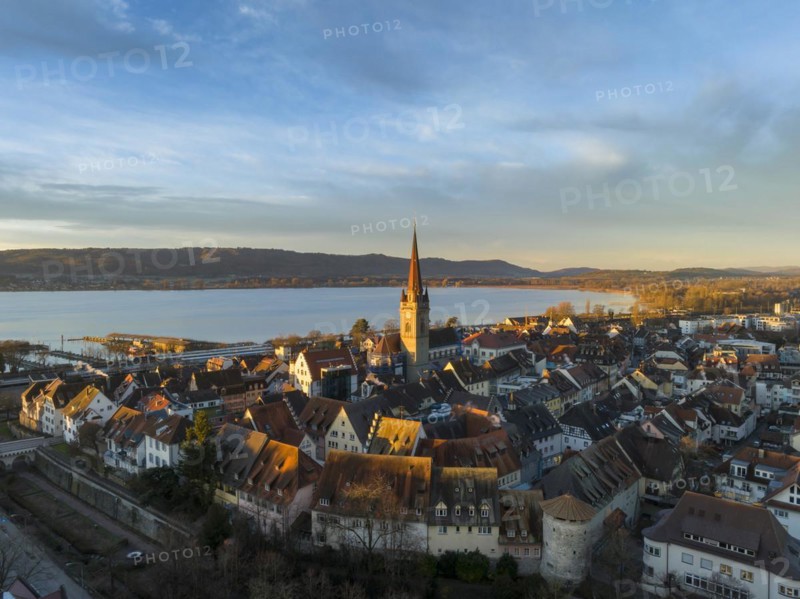 Aerial view of the town of Radolfzell on Lake Constance with the Radolfzell Minster at sunrise
