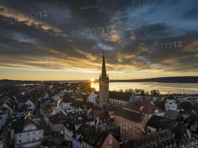 Aerial view of the town of Radolfzell on Lake Constance with the Radolfzell Minster at sunrise