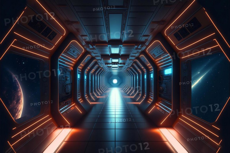 3D rendered Illustration of illuminated futuristic spaceship corridor