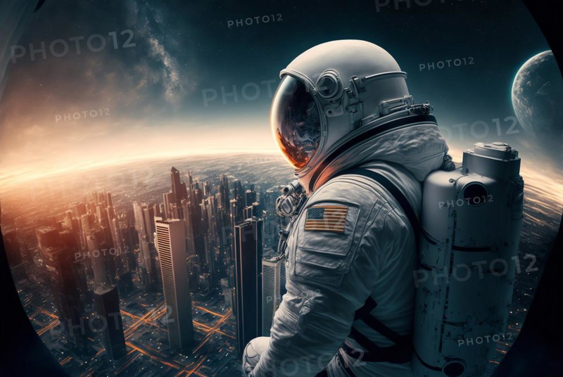 Photography astronaut in skyscraper city