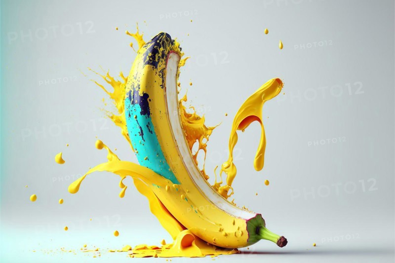 Peeled banana with colored splashes