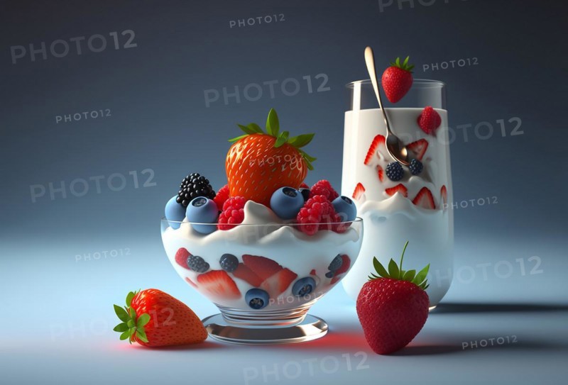 Strawberries and berries served with fresh yogur