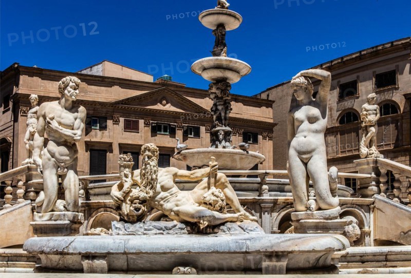 Fontana Pretoria with several basins with white marble figures and statues
