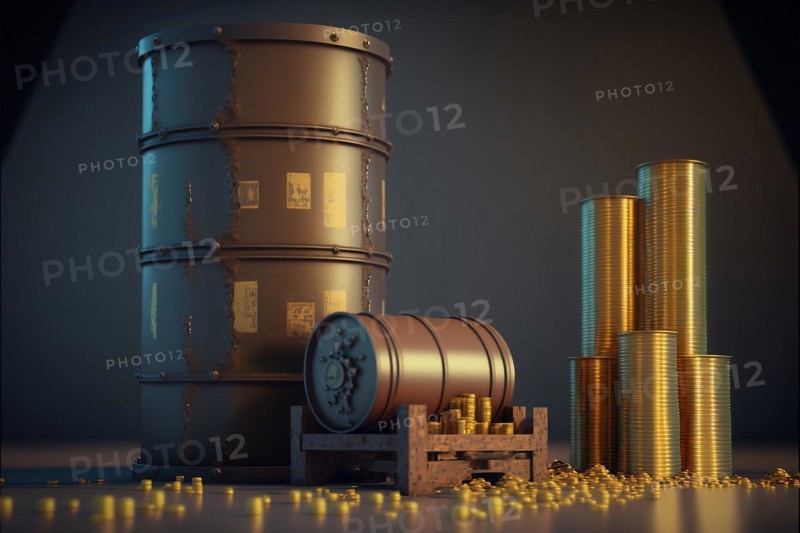 Oil barrel and coin towers simulating a graph
