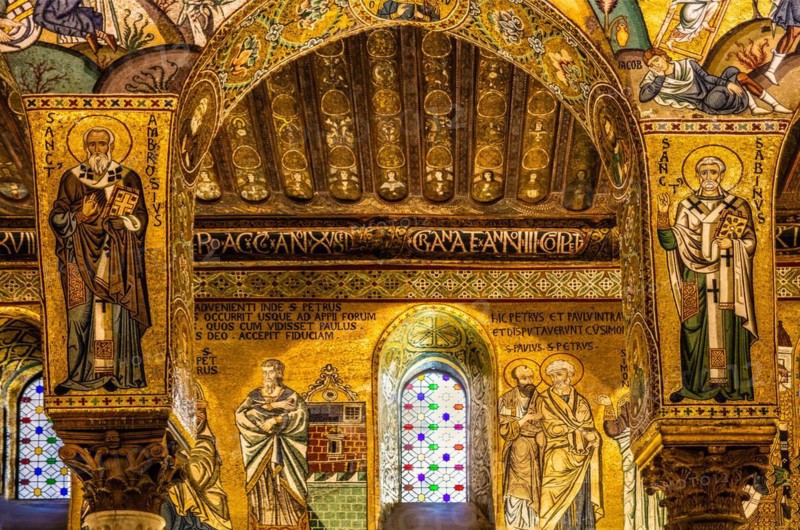 Elaborate gold mosaics with episodes from the Old and New Testatment