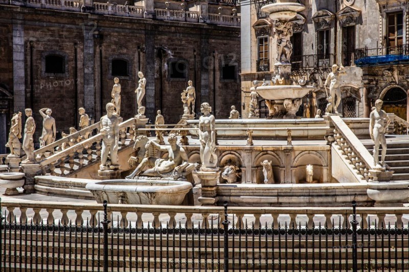 Fontana Pretoria with several basins with white marble figures and statues