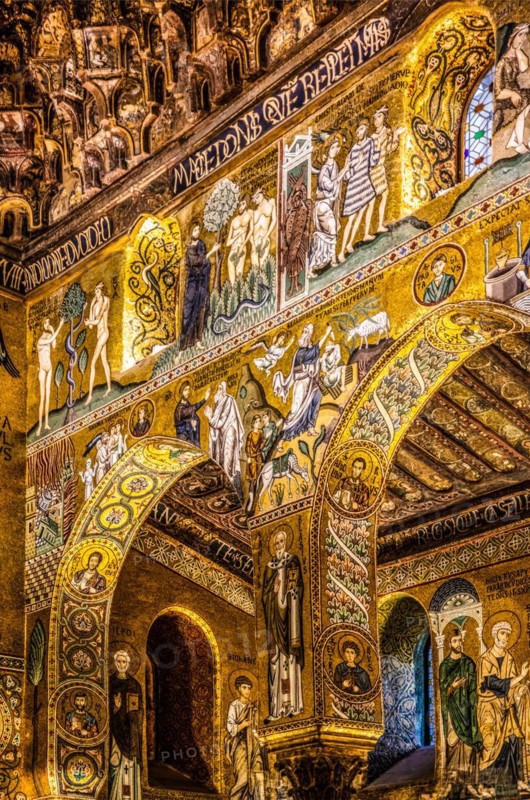 Elaborate gold mosaics with episodes from the Old and New Testatment