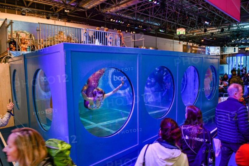 Diving pool for trial diving and mermaid swimming n Exhibition hall of water sports fair boot