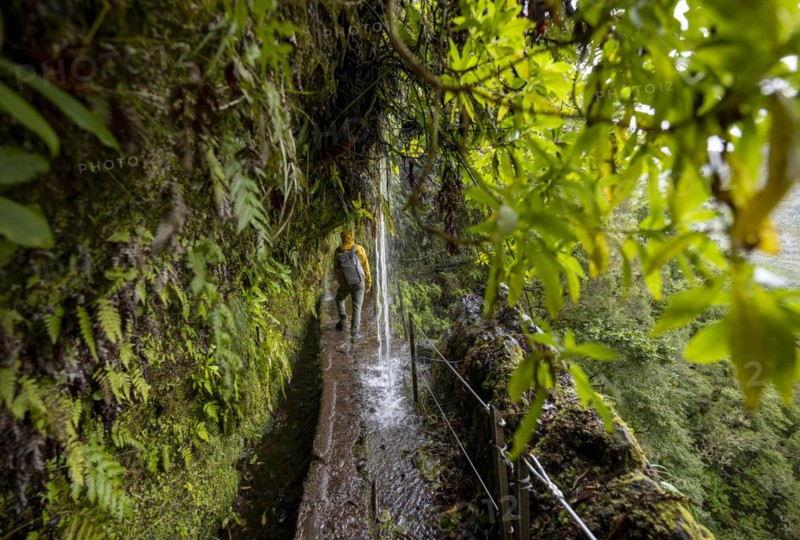 Hikers on a narrow path along a levada with a waterfall