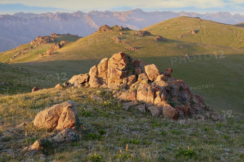 Granite Rocks at sunset near Song Kol Lake