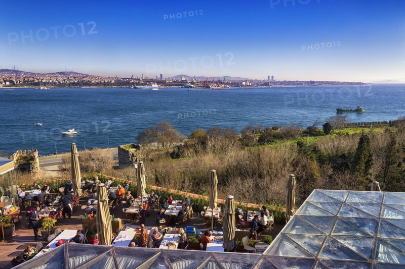 Restaurant terrace at Topkapi Palace overlooking the Bosphorus in winter