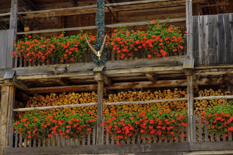 Old farmhouses with floral decorations in the village of Sottoguda near Rocca Pietore Rocia
