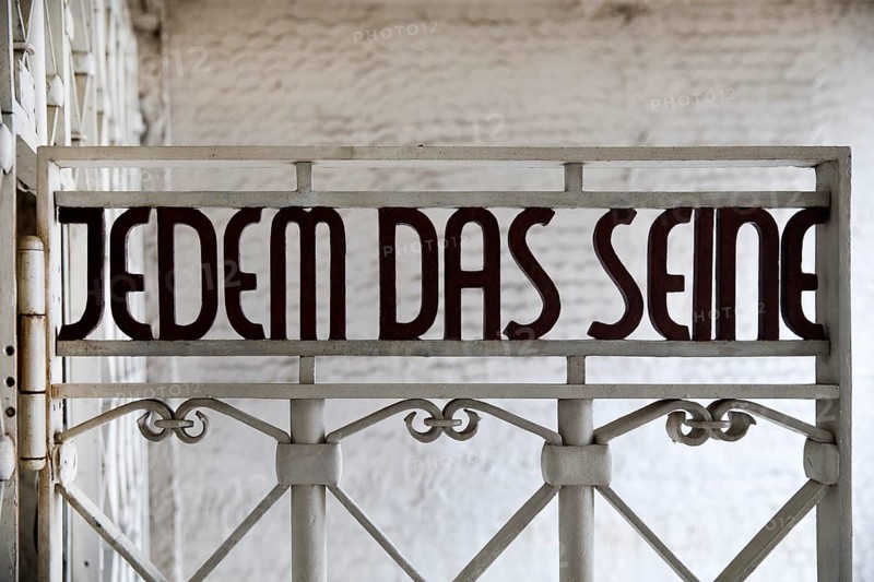 Entrance gate to beech forest concentration camp with the saying Jedem das Seine