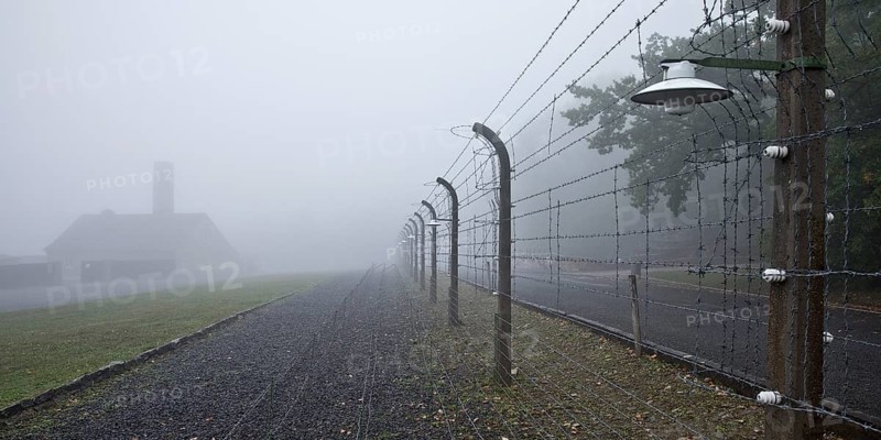 Reconstructed camp fence with crematorium in the fog at beech forest concentration camp