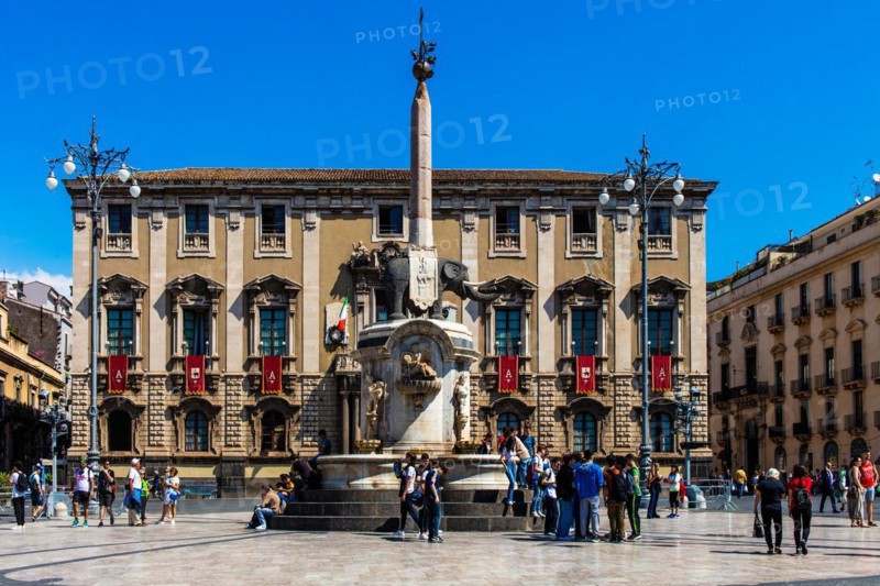 Fountain with Roman elephant statue made of basalt and current landmark of the city in Piazza Duomo