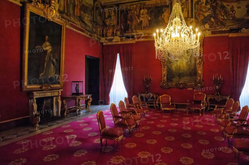 View from throne of Grand Master into historic Ambassadorial Hall with large luminous chandelier in Grand Masters Palace Palace of Knights of Malta Knights of Malta historic Order of St John
