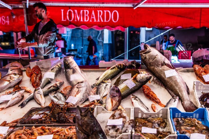 Historic fish market La pescheria with a cornucopia of colourful sea creatures