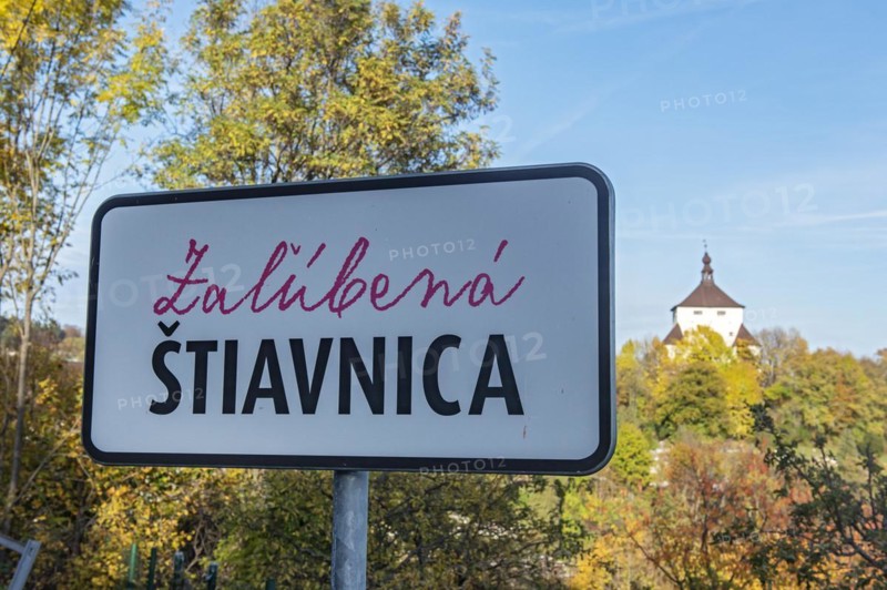 Stiavnica in love city sign with New Castle in background