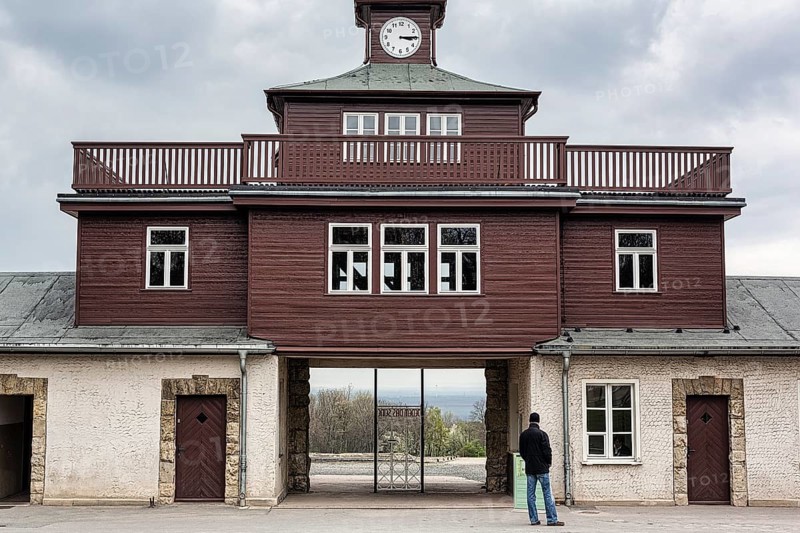 Visitors at the gate to the camp