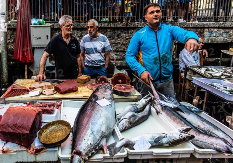 Historic fish market La pescheria with a cornucopia of colourful sea creatures